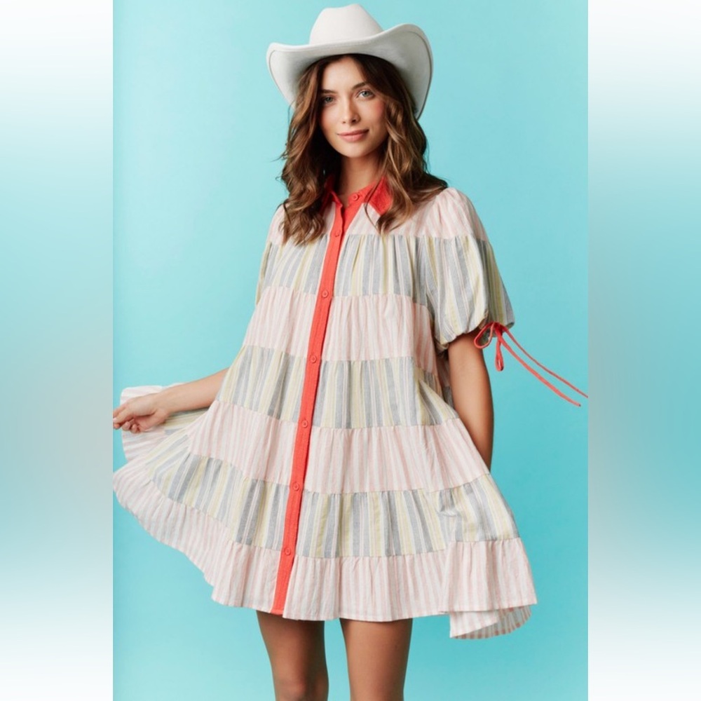 932. Striped tiered button down linen dress